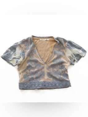 Altar’d State Shirt Womens Medium Blue Beige Lace Mesh Cropped Boho
